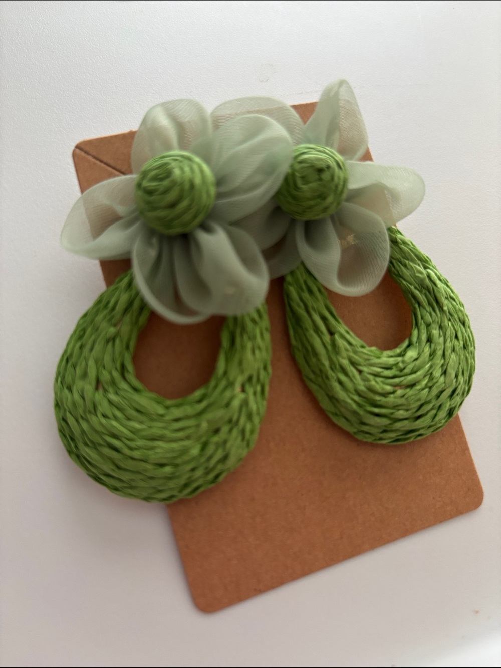 Fashion Jewelry Light Green Floral Raffia Drop Earrings - Picture 3 of 4